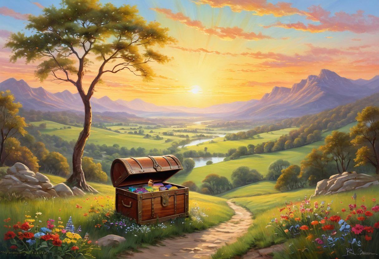 A serene landscape depicting a tranquil sunrise over a peaceful valley, with a key symbolizing 'contentment' unlocking a treasure chest filled with joyful elements like laughter, love, and nature. Gentle rays of sunlight illuminating the scene, creating a sense of warmth and happiness. Include soft, inviting colors and a whimsical touch to enhance the feeling of blissful living. vibrant colors. painting.