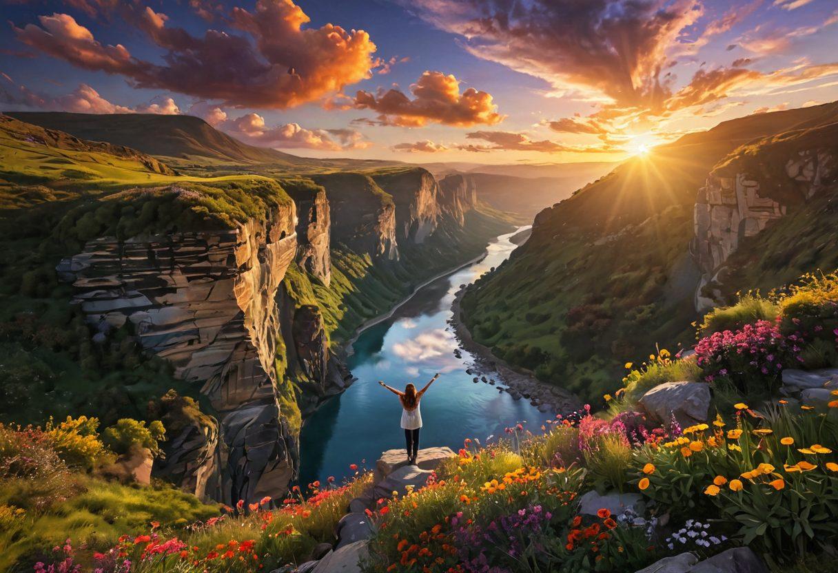 A person standing at the edge of a serene cliff, arms outstretched towards a vibrant sunset, symbolizing freedom and joy. Below, a lush valley filled with colorful flowers and a winding river, representing abundance and harmony. In the sky, uplifting words like 'happiness', 'growth', and 'thriving' swirl among the clouds. ethereal glow, super-realistic, vibrant colors.