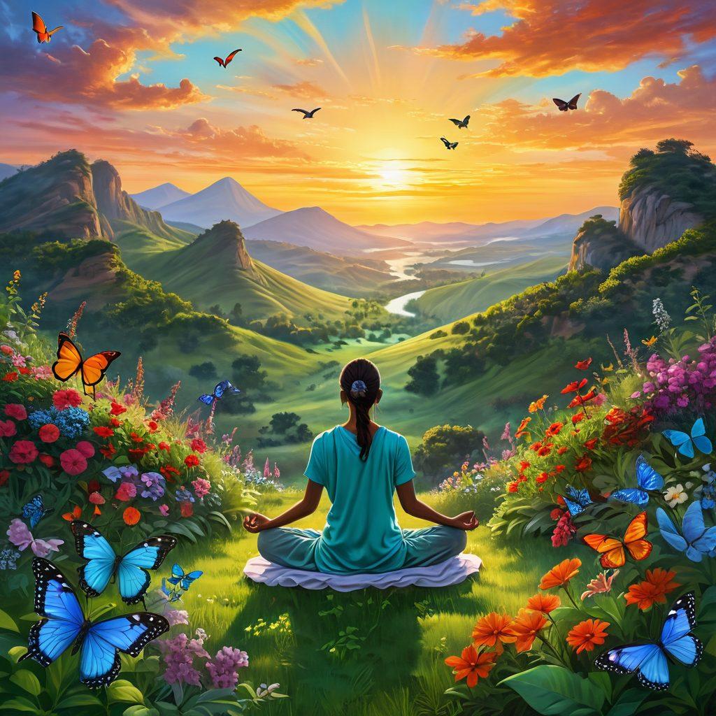 A serene landscape depicting a person meditating on a lush green hilltop, surrounded by vibrant flowers and butterflies, with a radiant sunrise in the background symbolizing hope and positivity. The scene should evoke a sense of inner peace and joy, with soft, inviting colors that inspire happiness. super-realistic. vibrant colors. peaceful atmosphere.